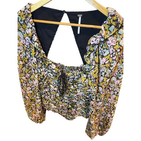 Free People Medium Mabel Balloon Sleeve Ruched Cropped Top Peasant Blouse Floral - Picture 8 of 15